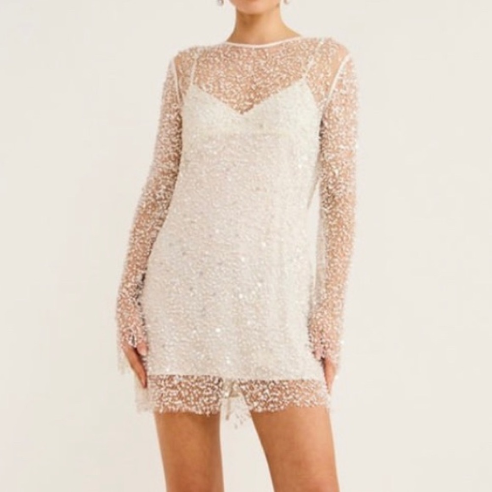 White Sequin, See-Through, Long Sleeve Dress